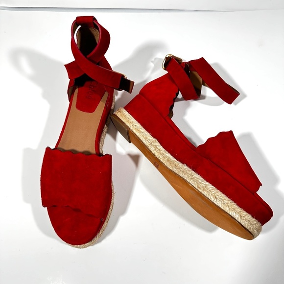 CHLOE [ Womens 39 ]‎ lauren Scalloped Suede Espadillas Platform Shoes in Red - Picture 1 of 15